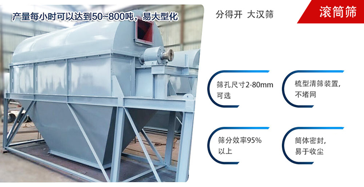滾筒篩分開放式,封閉式兩種選擇無塵篩分。無軸滾筒：適用生活垃圾等一些有一定纏繞性物料;有軸滾筒：適用石料，砂土等含水量較少的物料